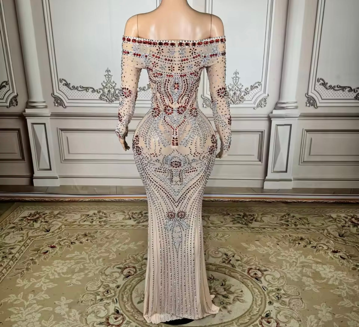 Sexy Rhinestone Embellishment Off The Shoulder Full Sleeve Dress