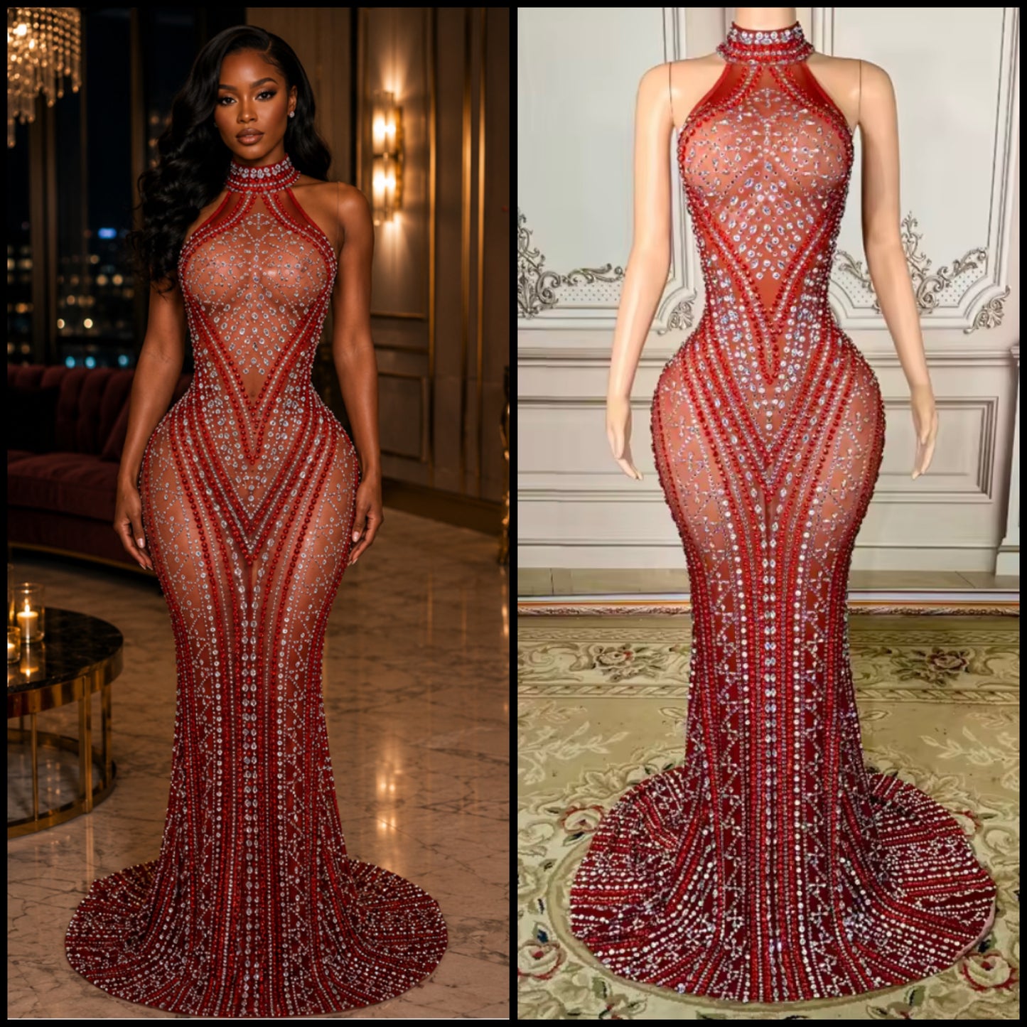 Sexy Sleeveless Red Rhinestone Embellishment Mermaid Dress