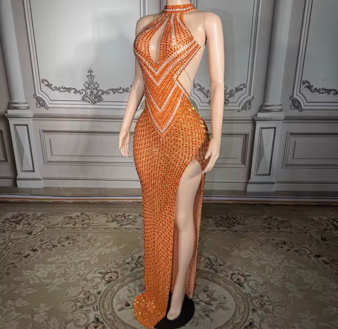 Orange Sexy Sleeveless Rhinestone Side Split Maxi Dress