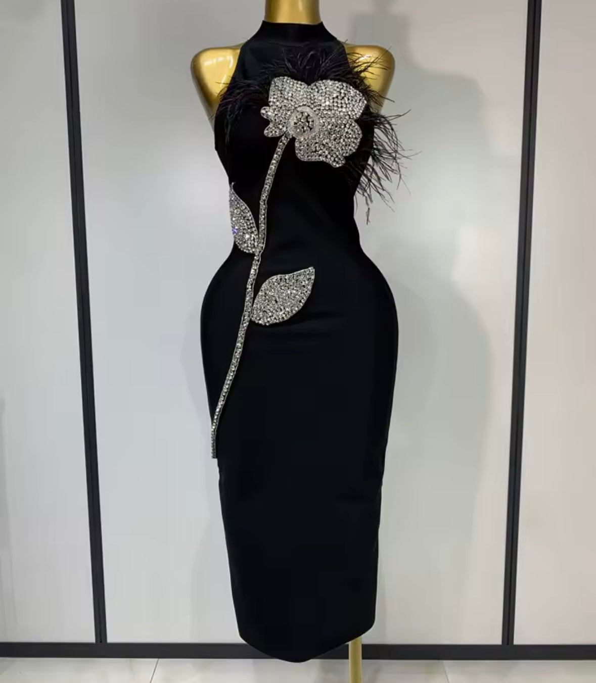 Black Sexy Rhinestone Floral Embellishment Sleeveless Dress