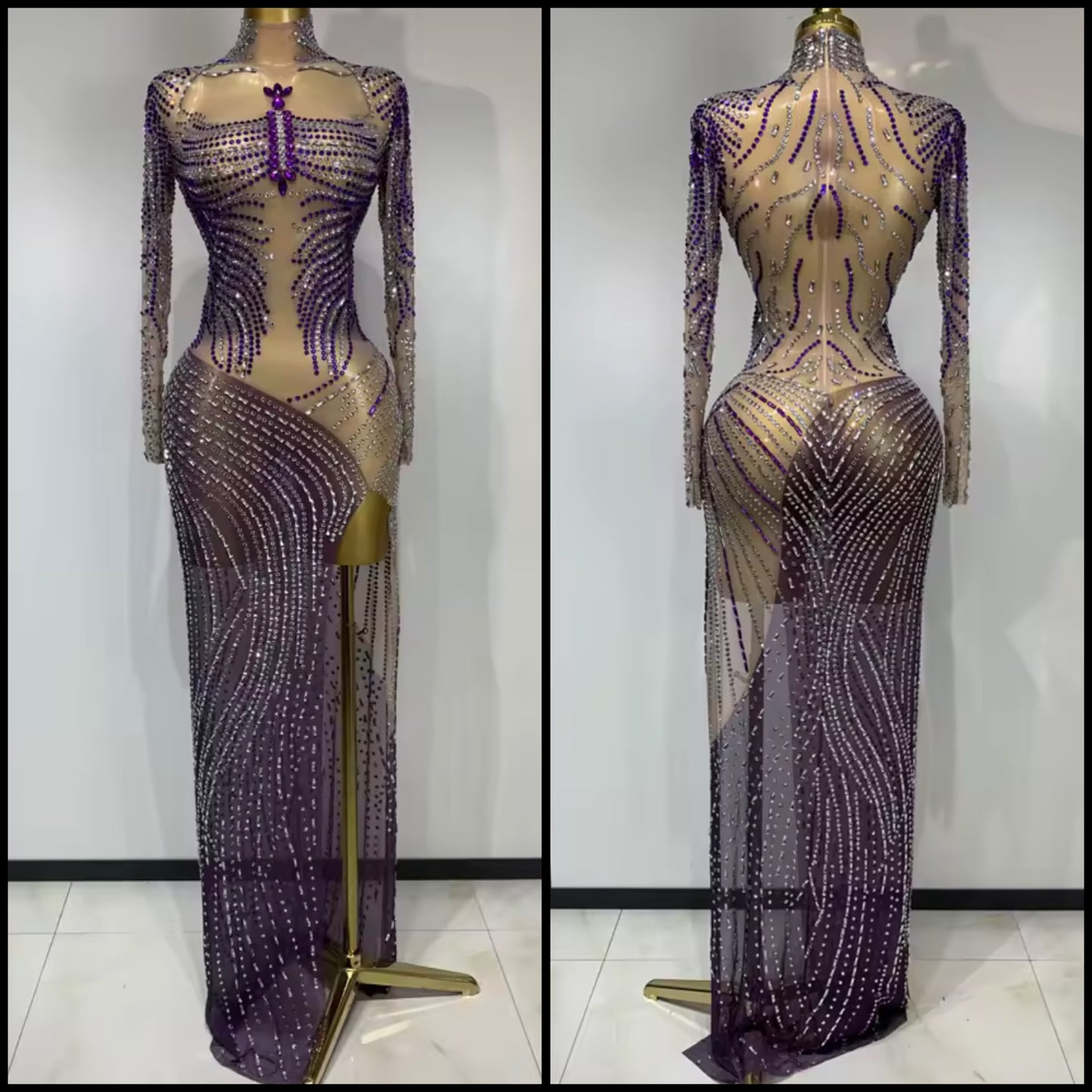 Sexy Color Rhinestone Full Sleeve Side Split Floor-Length Dress