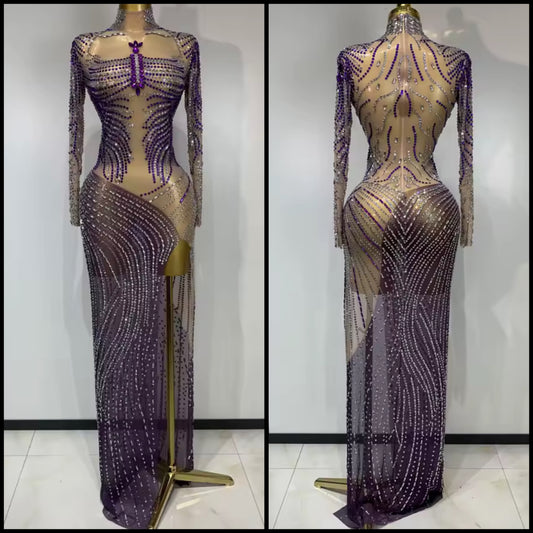Sexy Color Rhinestone Full Sleeve Side Split Floor-Length Dress
