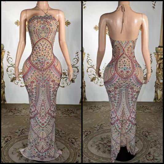 Women Halter Sleeveless Color Rhinestone Maxi Dress