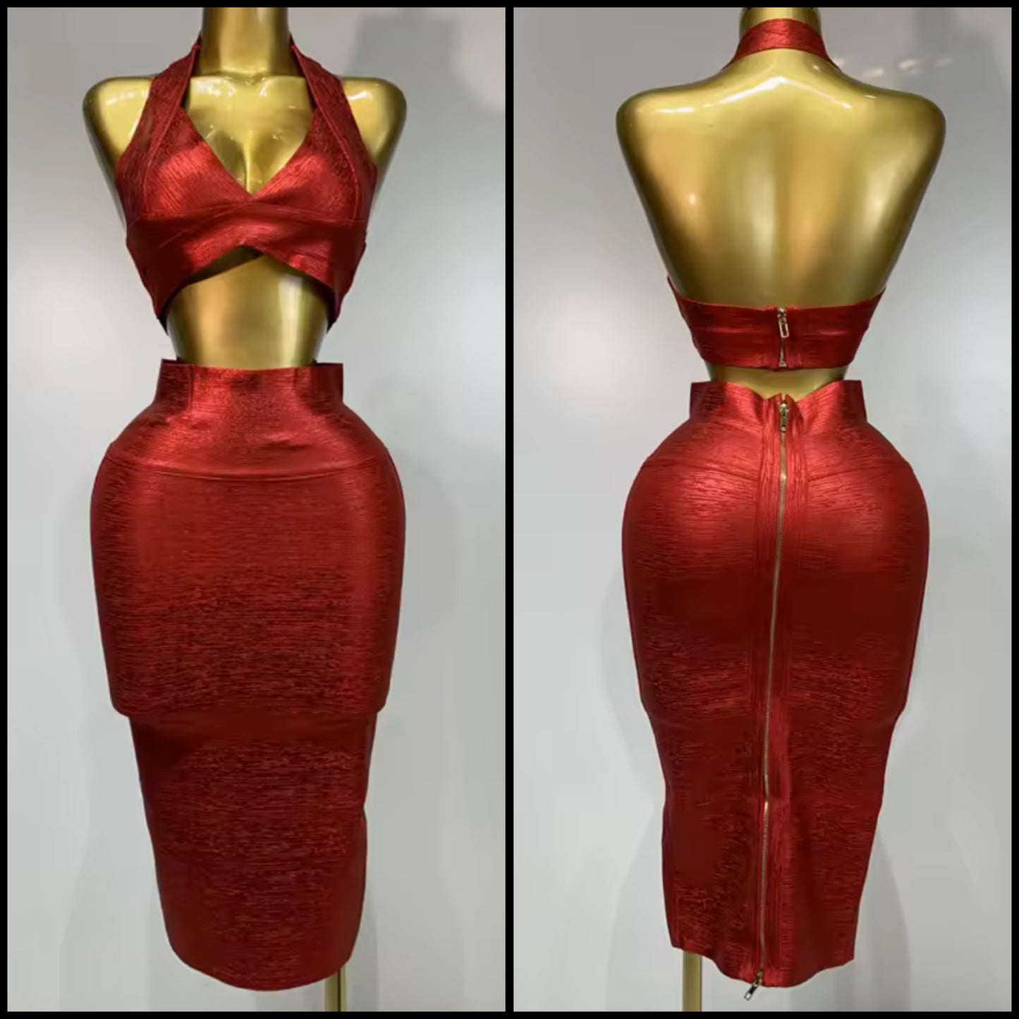 Sexy Red Halter Sleeveless Crop Two Piece Skirt Set