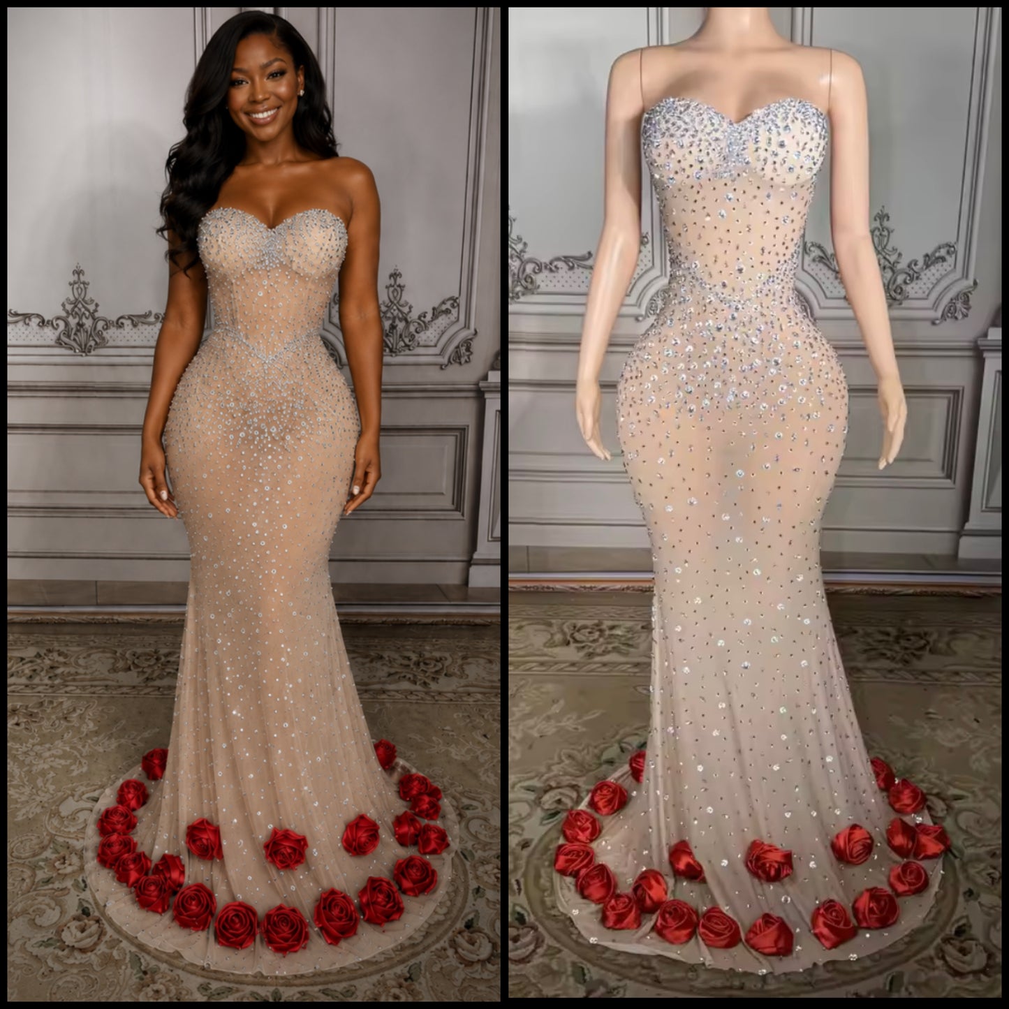 Strapless See Through Rhinestone Rose Sexy Floor-Length Dress