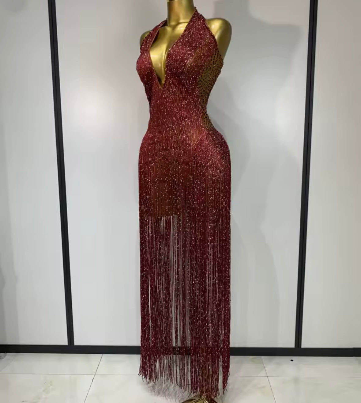 Burgundy Sexy Halter Sleeveless Fringe Tassel Maxi Dress