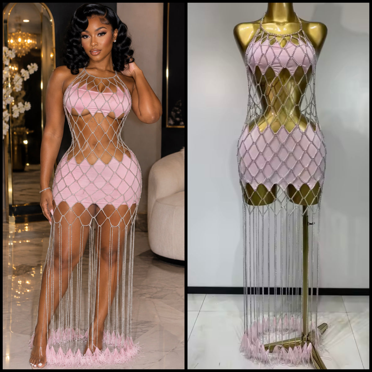 Sexy Pink Halter Sleeveless See Through Chain Tassel Dress