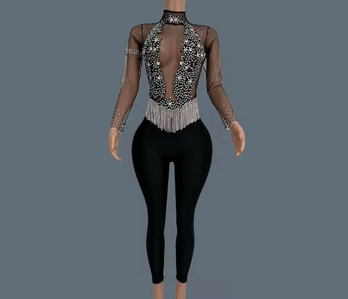 Sexy Black Rhinestone Tassel Full Sleeve Jumpsuit