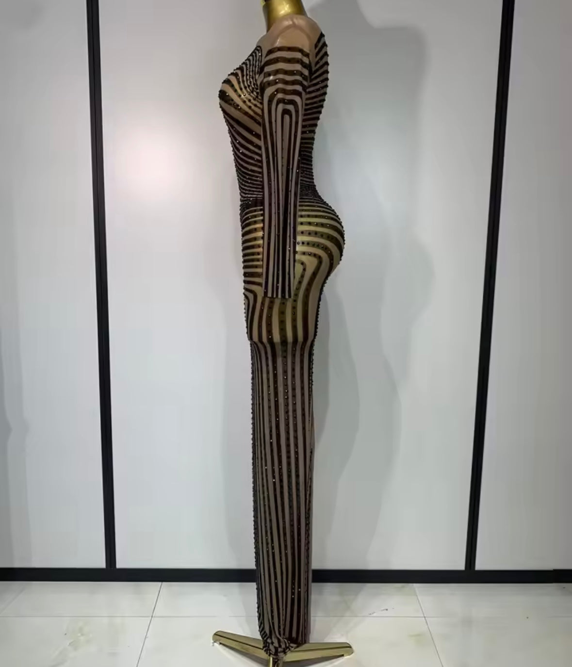 Sexy Rhinestone Striped Full Sleeve Maxi Dress