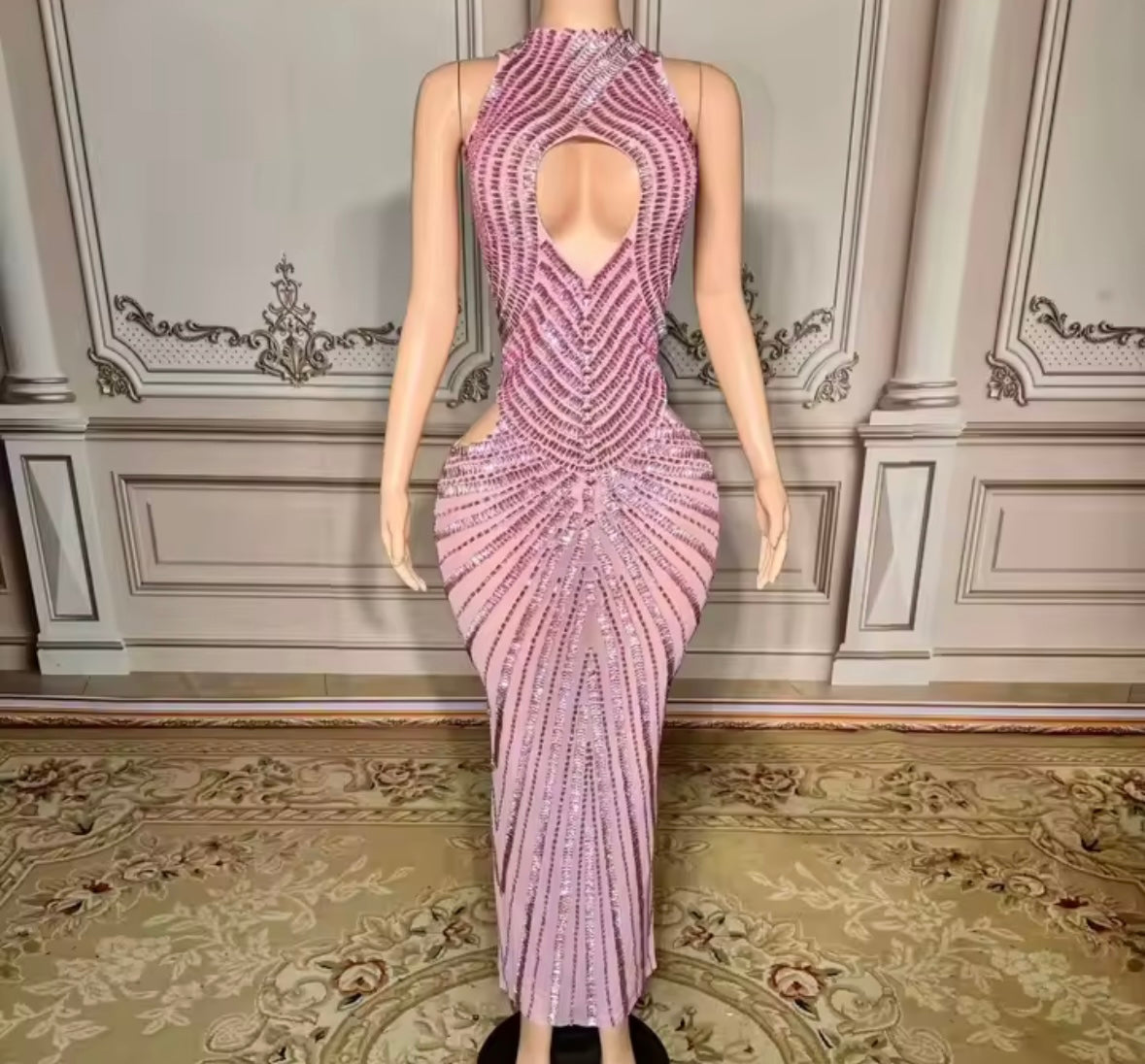 Sexy Halter Sleeveless Hollow Out See Through Rhinestone Maxi Dress