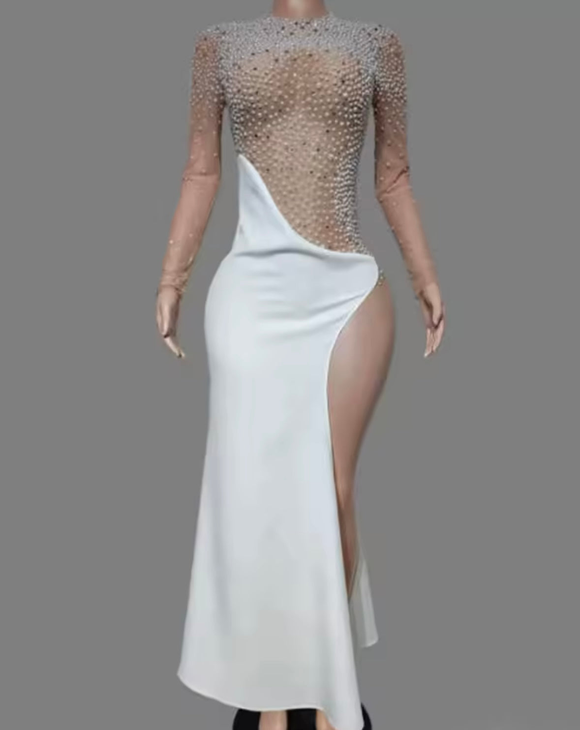 Sexy Beaded Rhinestone White Side Split Maxi Dress