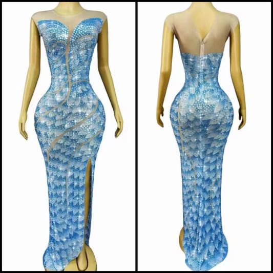 Blue Printed Rhinestone Sexy Side Split Maxi Dress