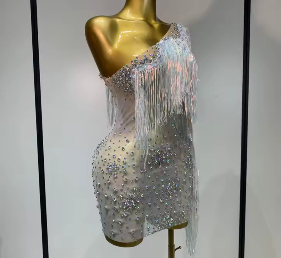 Sexy Silver One Shoulder Fringe Tassel Rhinestone Dress