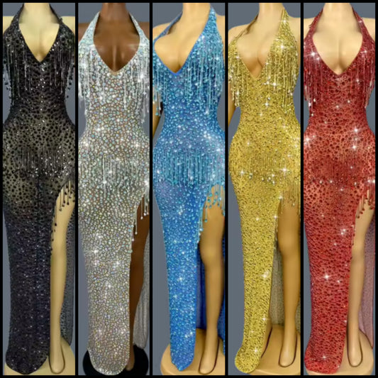 Sexy Sleeveless Rhinestone Tassel Side Split Maxi Dress