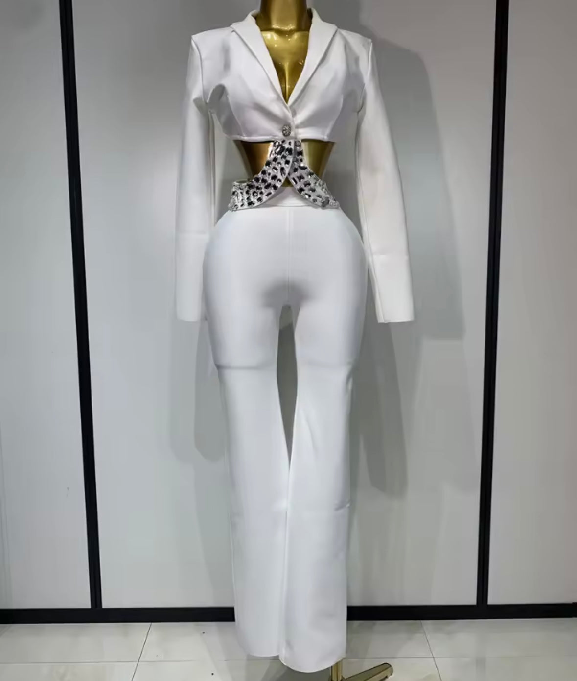 Sexy Crystal Beaded Embellished Band Blazer Two Piece Pant Set