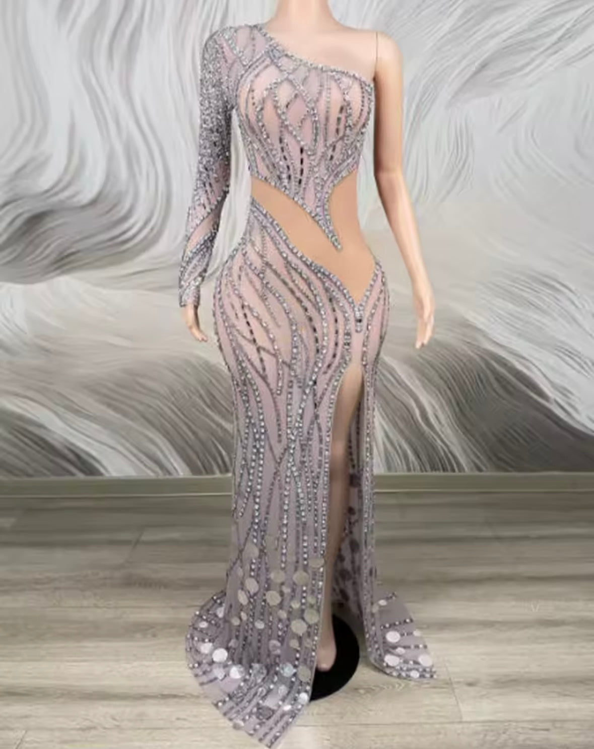 Sexy One Shoulder Full Sleeve Rhinestone Side Split Maxi Dress