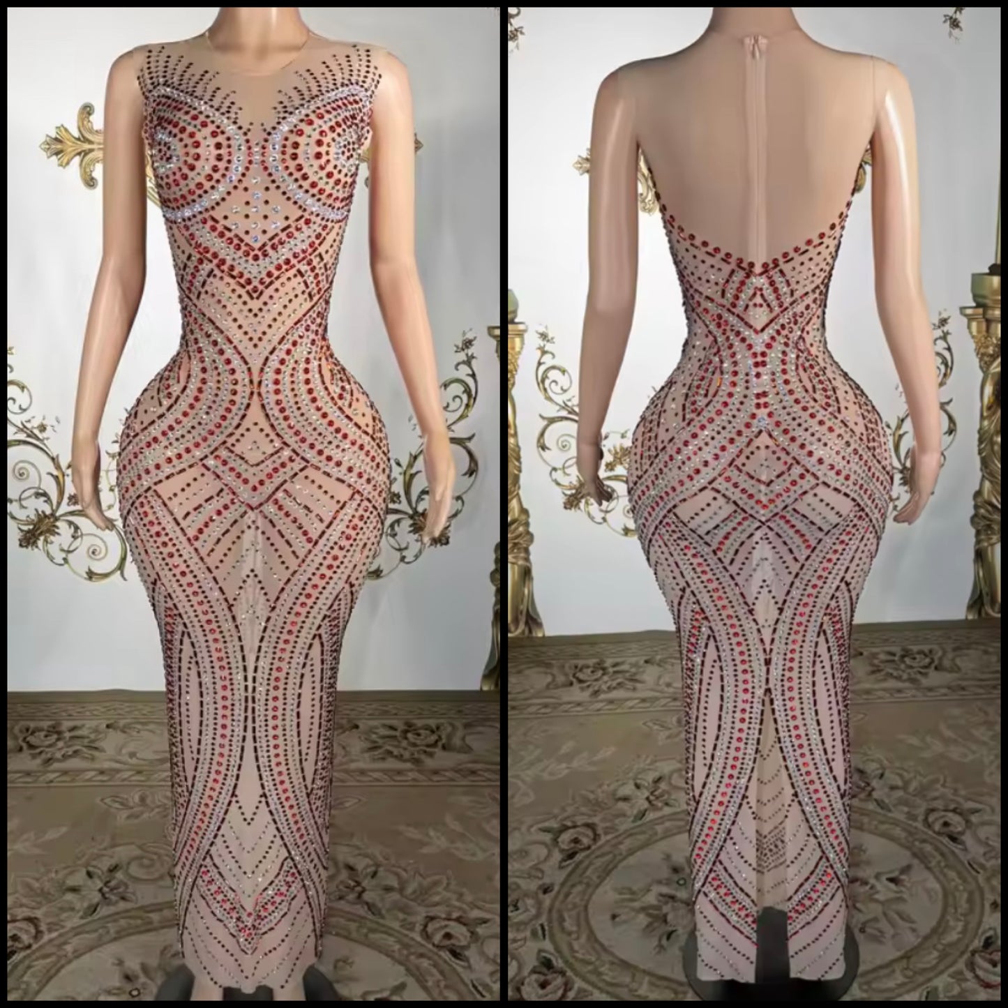 Sexy Sleeveless See Through Rhinestone Maxi Dress