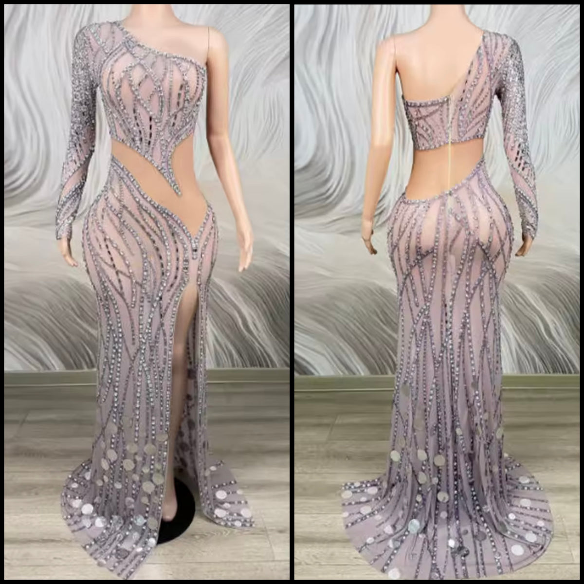 Sexy One Shoulder Full Sleeve Rhinestone Side Split Maxi Dress