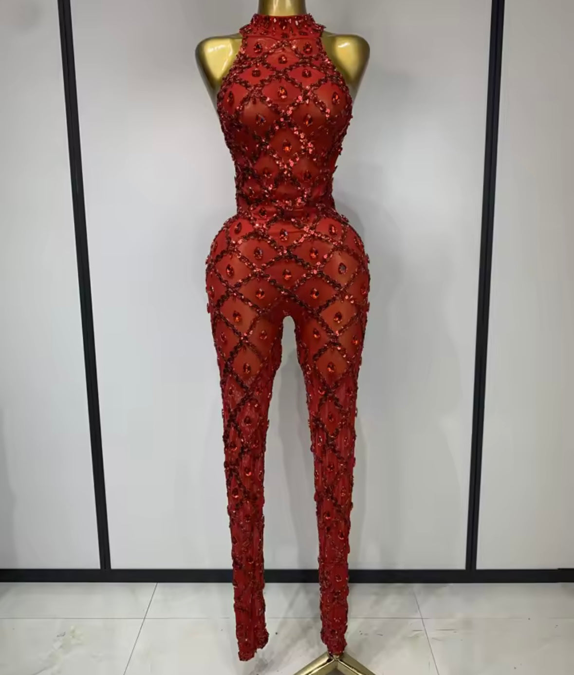 Crystal Mesh Sleeveless Sexy Jumpsuit