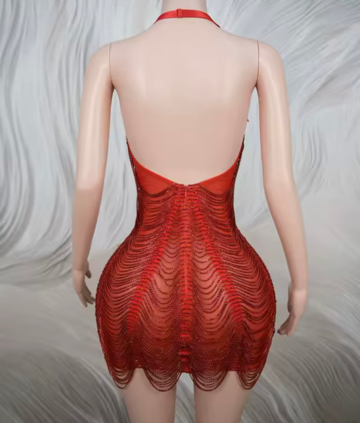 Sexy Halter Sleeveless Rhinestone Fringe Chain Dress