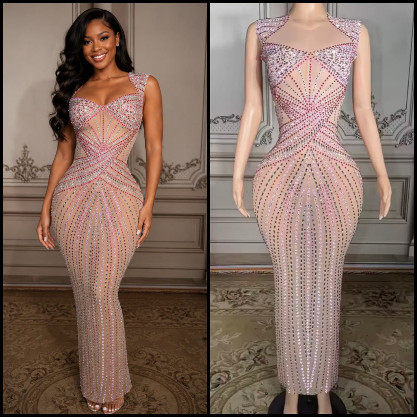 Sexy Sleeveless Color Rhinestone See Through Maxi Dress