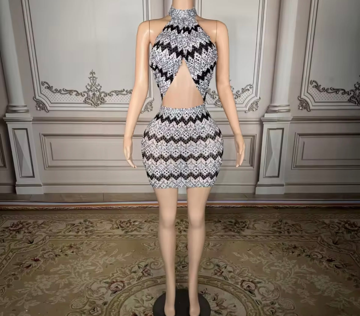 Sexy Halter Sleeveless Rhinestone Striped Short Dress