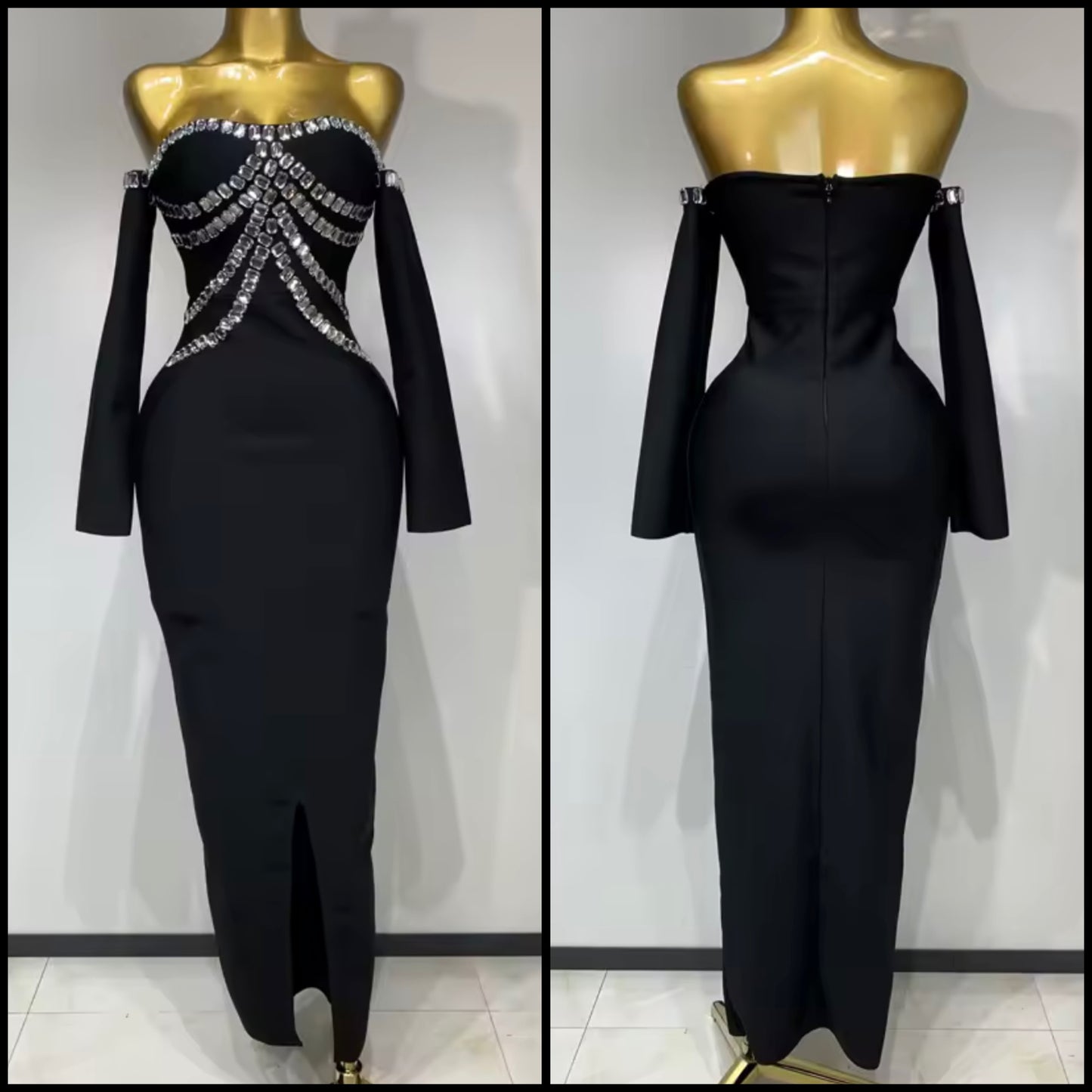 Black Strapless Rhinestone Full Sleeve Front Split Elegant Dress