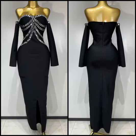 Black Strapless Rhinestone Full Sleeve Front Split Elegant Dress