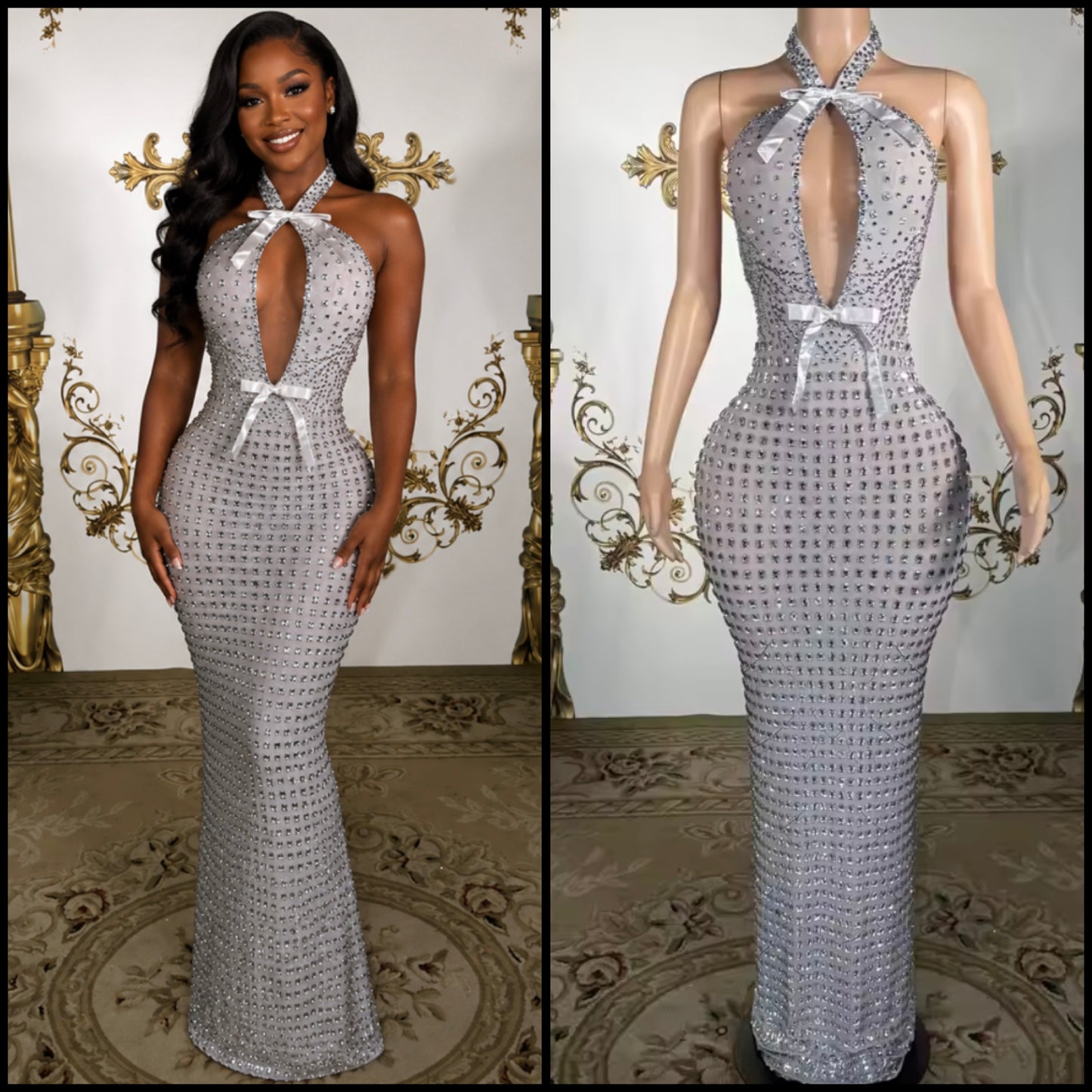 Sexy Silver Halter Sleeveless Bow Rhinestone Maxi Dress
