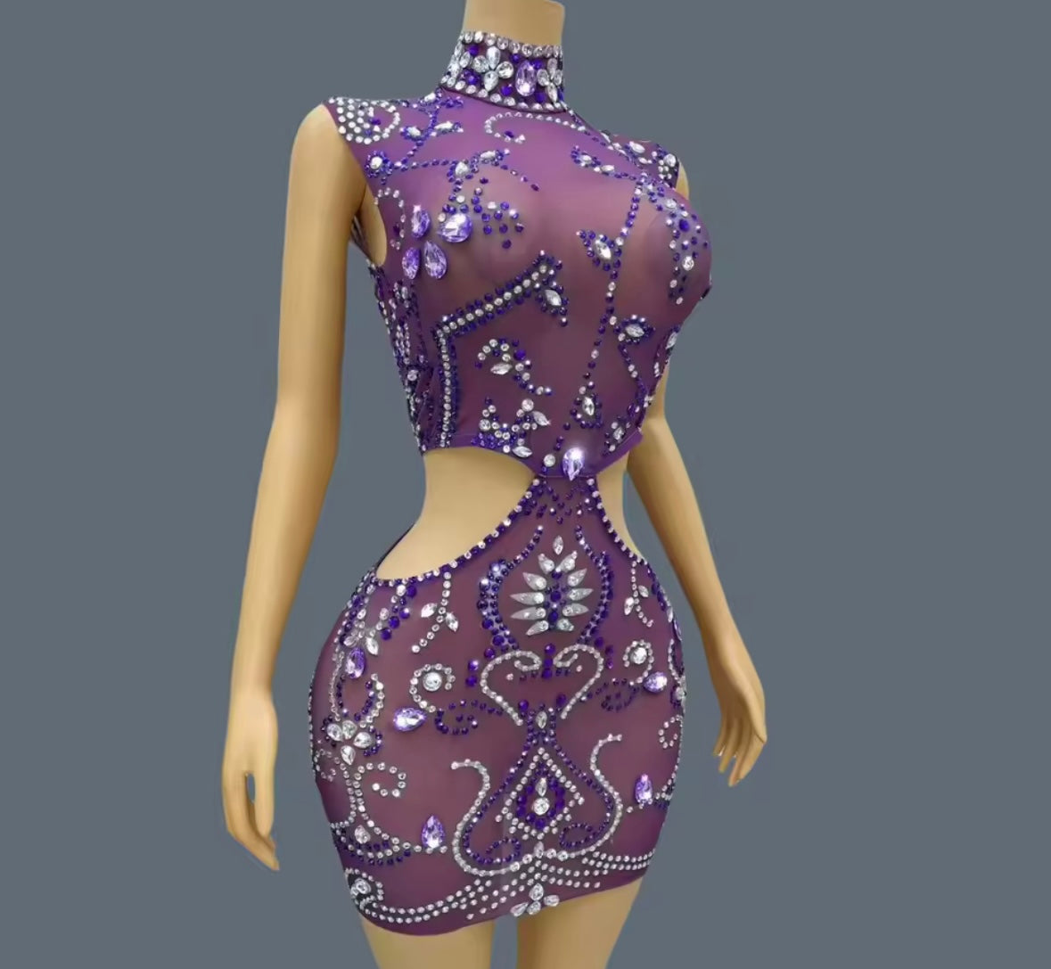 Purple Sleeveless Rhinestone Embellishment Sexy Dress
