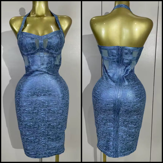 Sexy Blue Halter Sleeveless Bandage Dress