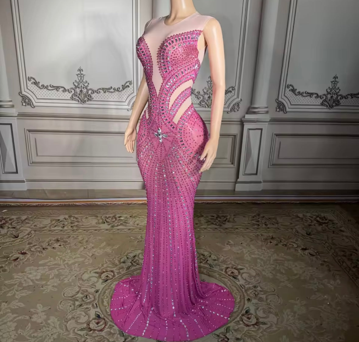 Pink Sleeveless Rhinestone Embellishment Sexy Maxi Dress