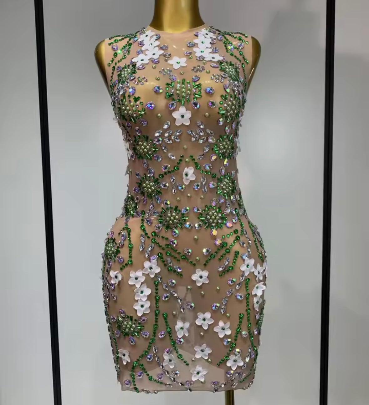 Sexy See Through Sleeveless Floral Rhinestone Dress