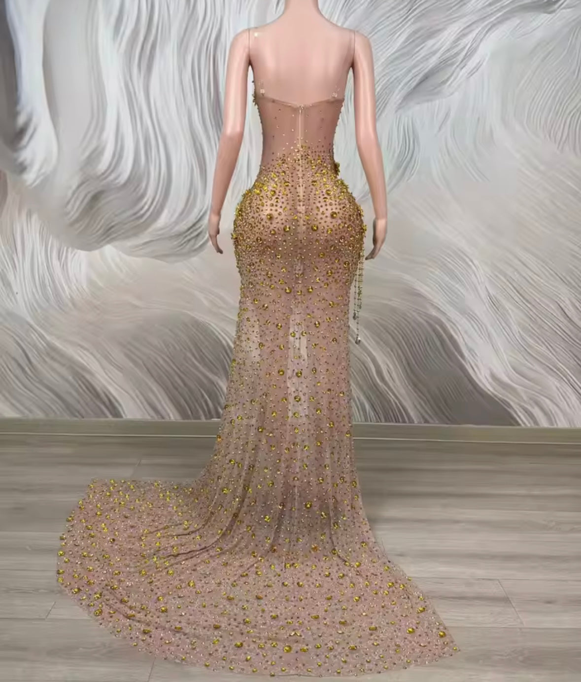 Sleeveless Crystal Rhinestone Tassel Side Split Maxi Dress