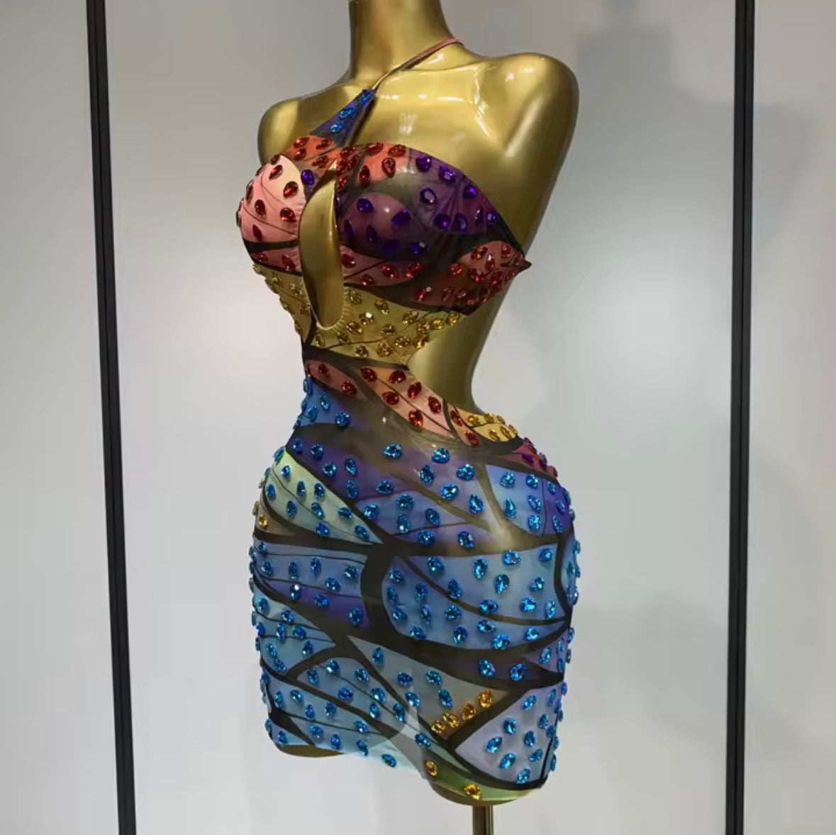 Sexy One Shoulder Sleeveless Multicolored Rhinestone Dress