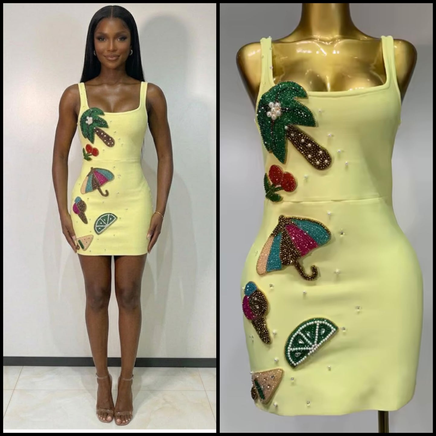 Yellow Sexy Sleeveless Beaded Rhinestone Dress