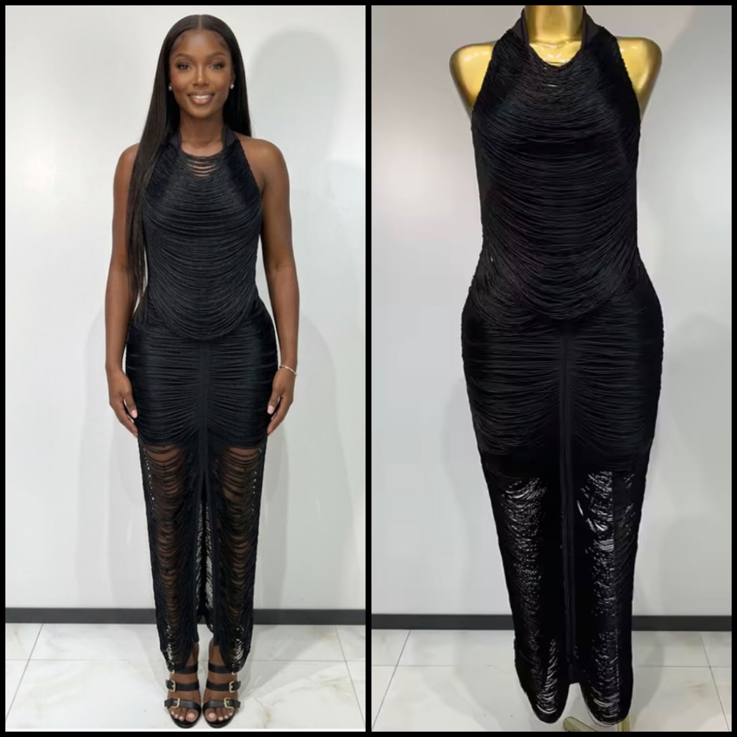 Sexy Black Halter Sleeveless Fringe Maxi Dress