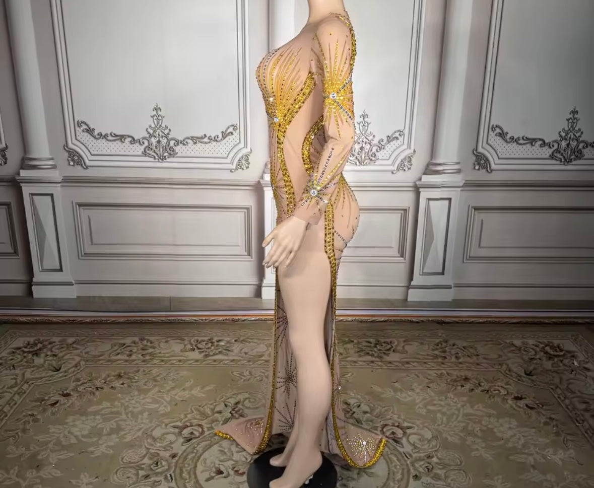 Sexy Rhinestone Embellishment See Through Side Split Maxi Dress