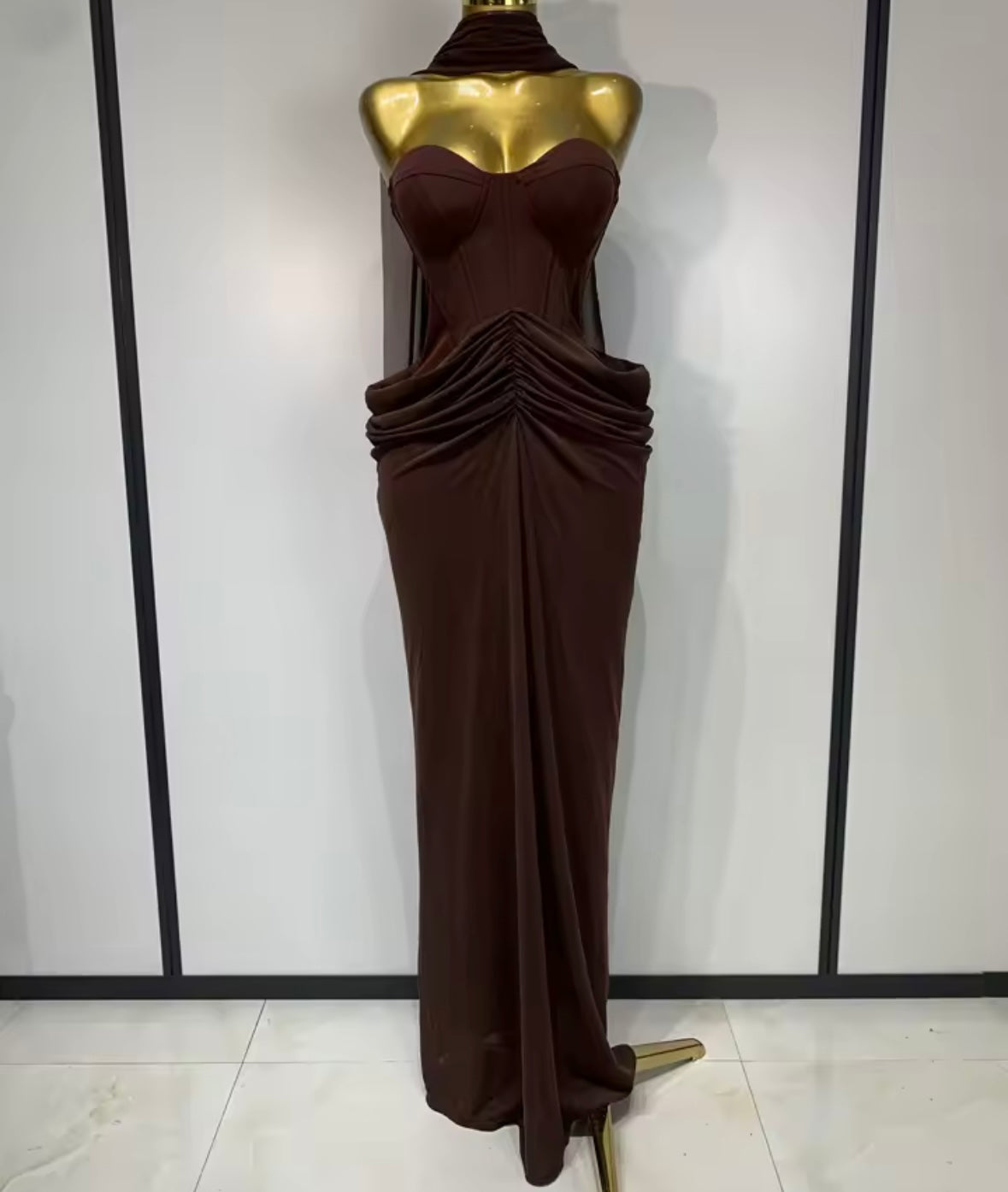 Sexy Scarf Strapless Ruched Maxi Dress