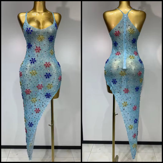 Blue Sexy Sleeveless Crystal Rhinestone Asymmetrical Dress
