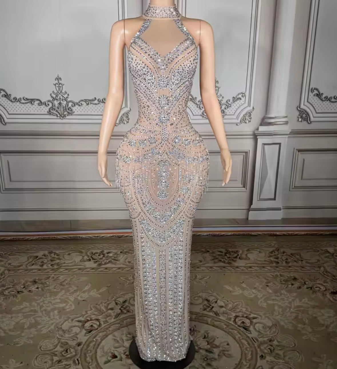 Sexy Halter Sleeveless Rhinestone Embellishment Tassel Maxi Dress