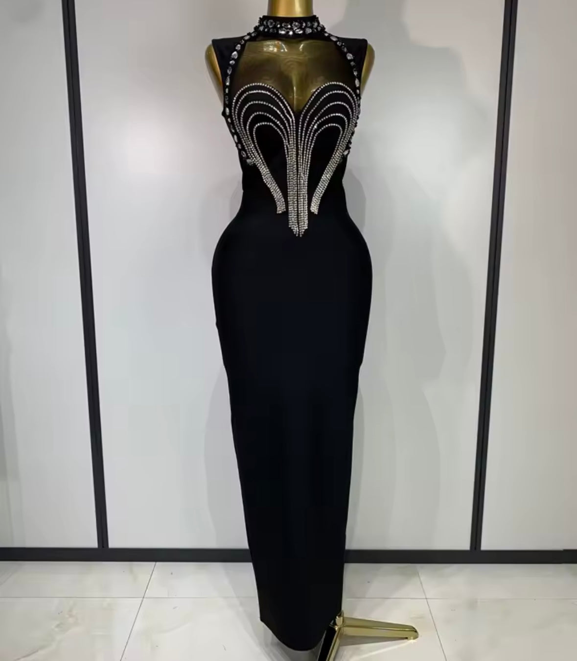 Sexy Black Rhinestone Sleeveless Maxi Dress