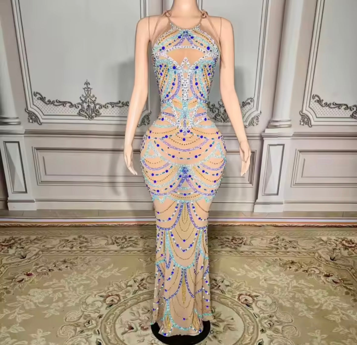 Sexy Halter Sleeveless Beaded Rhinestone Maxi Dress