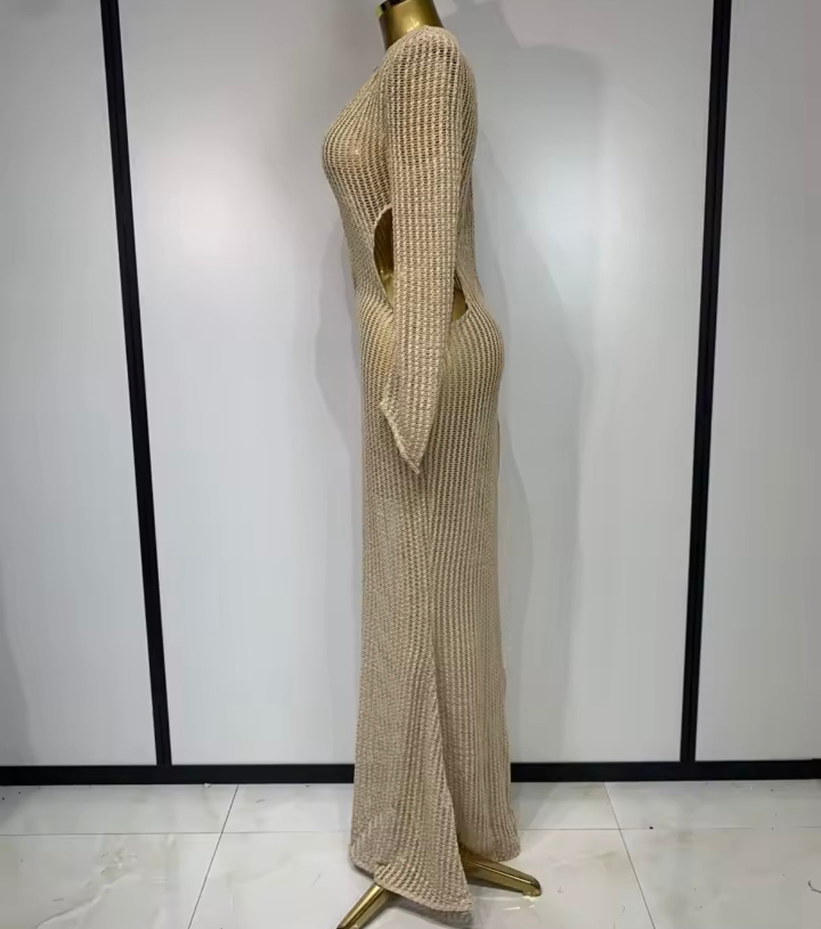 Gold Hollow Out Full Sleeve Sexy Floor-Length Dress