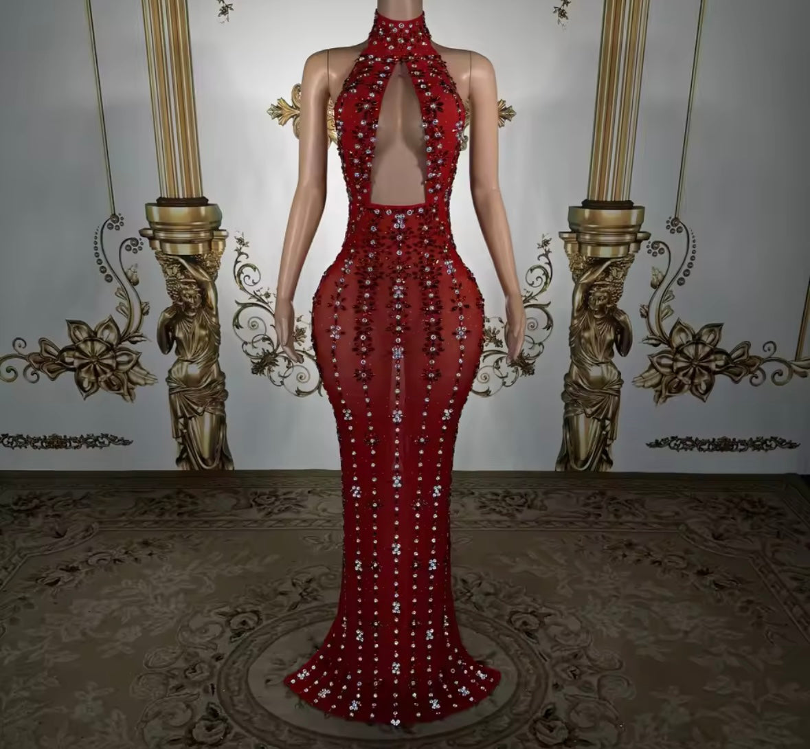 Red Sexy Halter Sleeveless Floral Rhinestone Maxi Dress