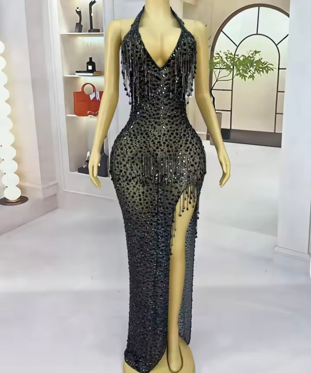 Sexy Sleeveless Rhinestone Tassel Side Split Maxi Dress