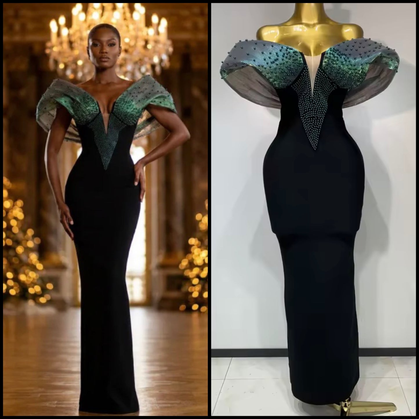 Black Elegant Off The Shoulder Beaded Floor-Length Dress