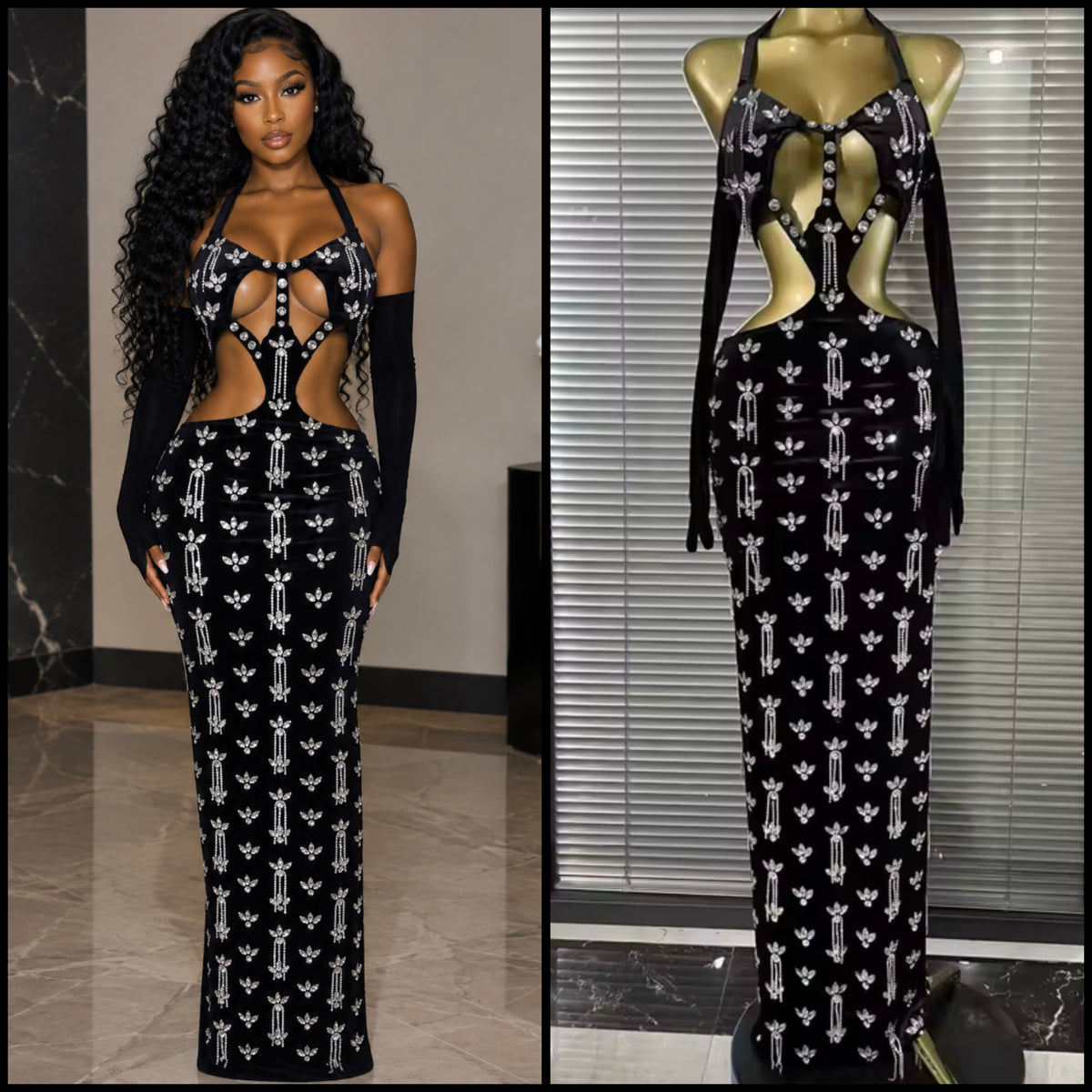 Black Sexy Halter Rhinestone Hollow Out Maxi Dress