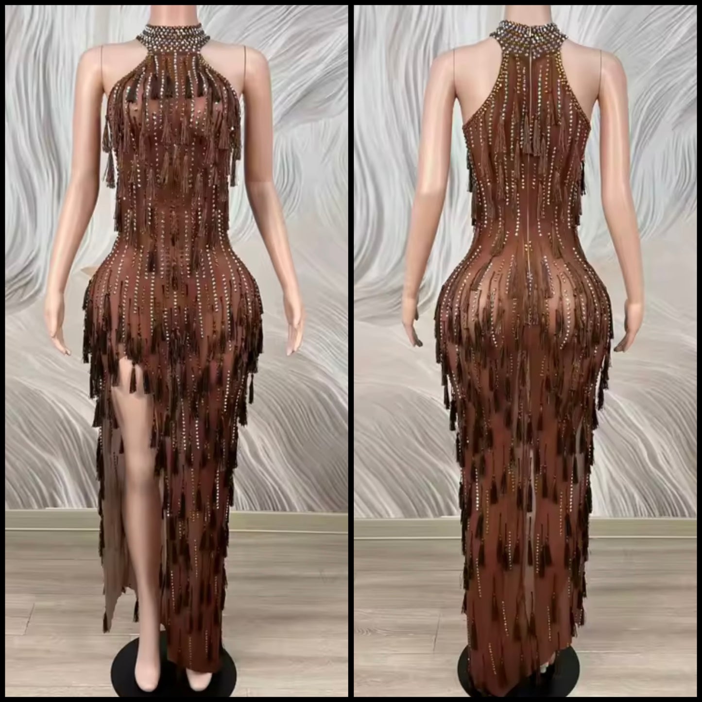 Brown Sexy Sleeveless See Through Rhinestone Tassel Dress