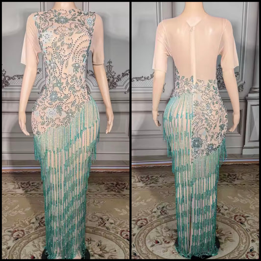 Sexy Short Sleeve Green Fringe Tassel Rhinestone Maxi Dress
